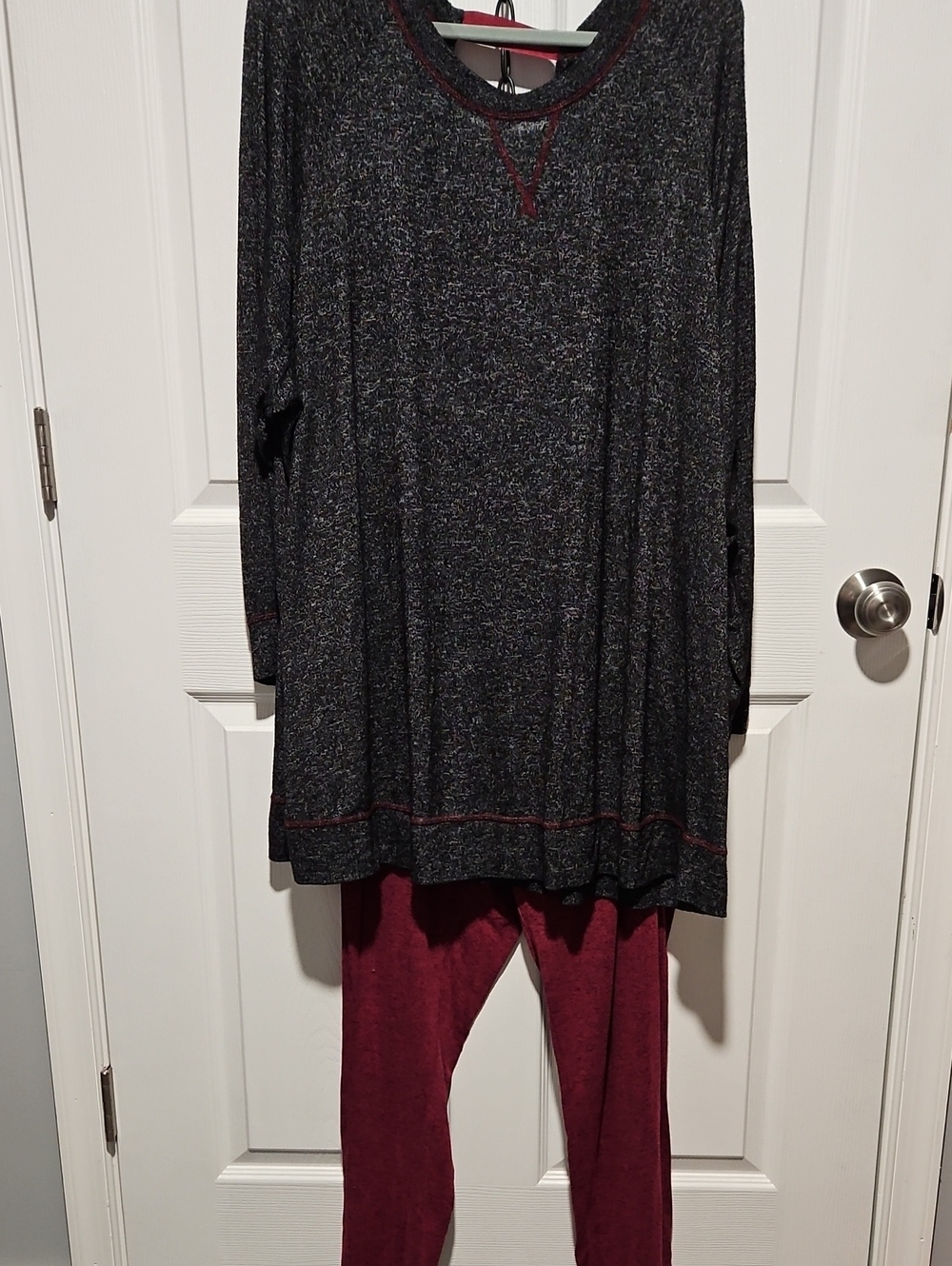 Catherines Charcoal Heather Crewneck Top And Maroon Bottom PJ Set 3XL